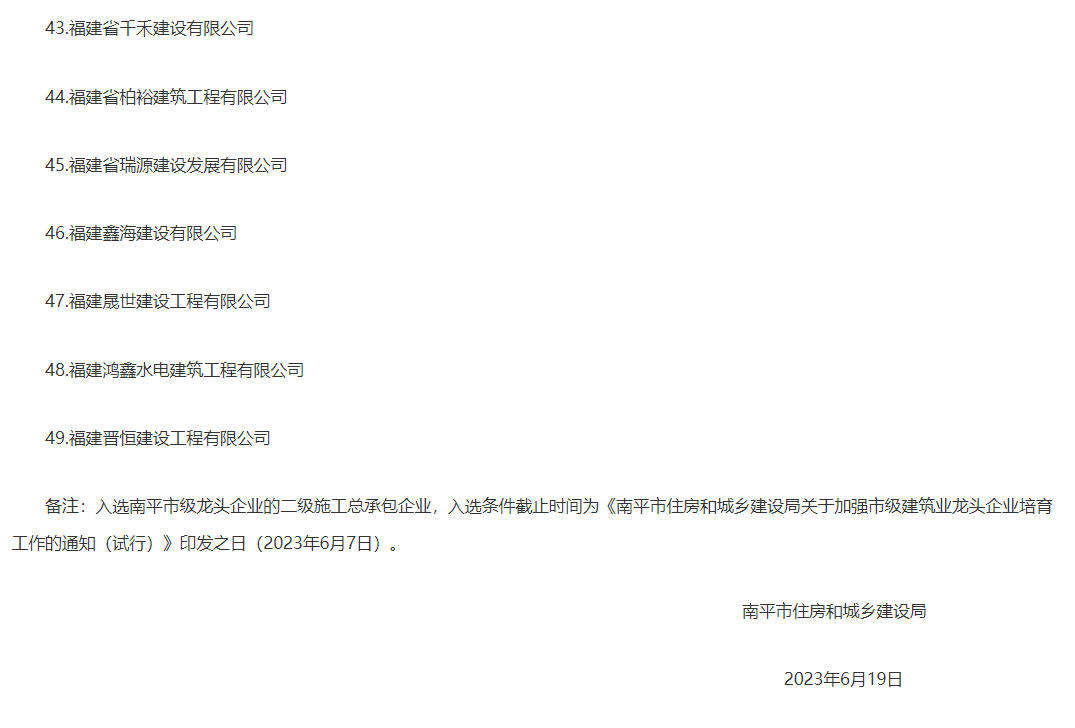 易順建工集團有限公司被評為南平市市級建筑業(yè)龍頭企業(yè)。